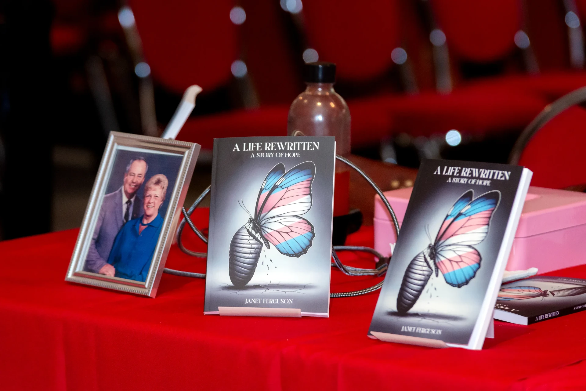 Display of A Life Rewritten copies on the signing table