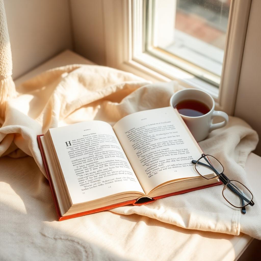 The memoir open by a window with tea